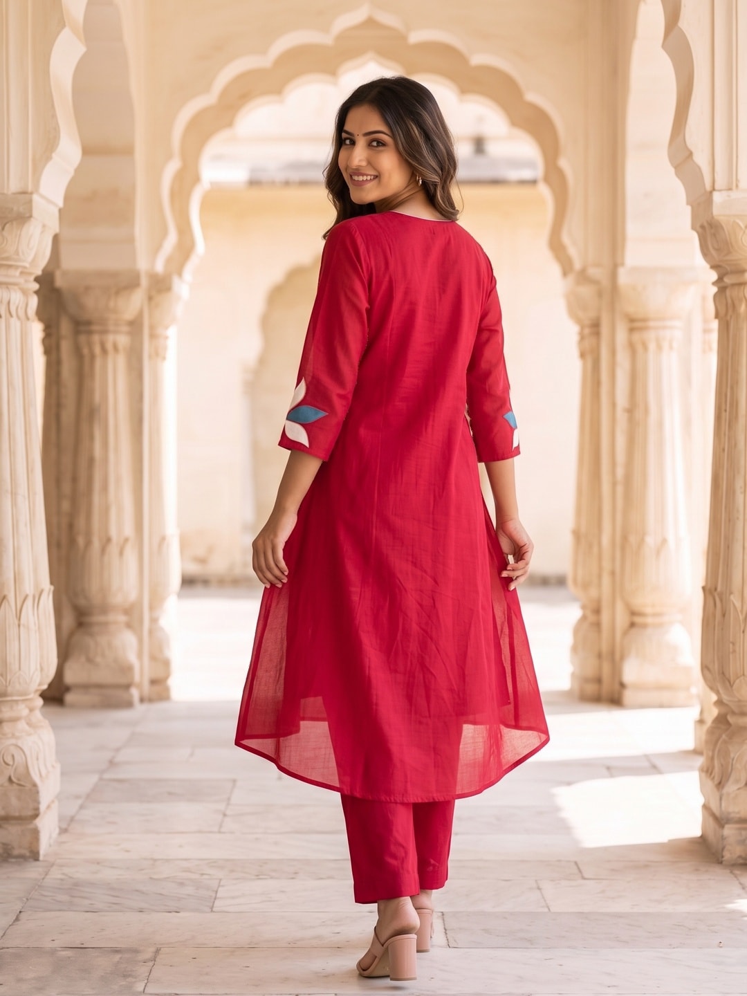 Peachmode Red Mul Chanderi Pintuck Salwar Suit with Applique Leaf Motifs - Image 4