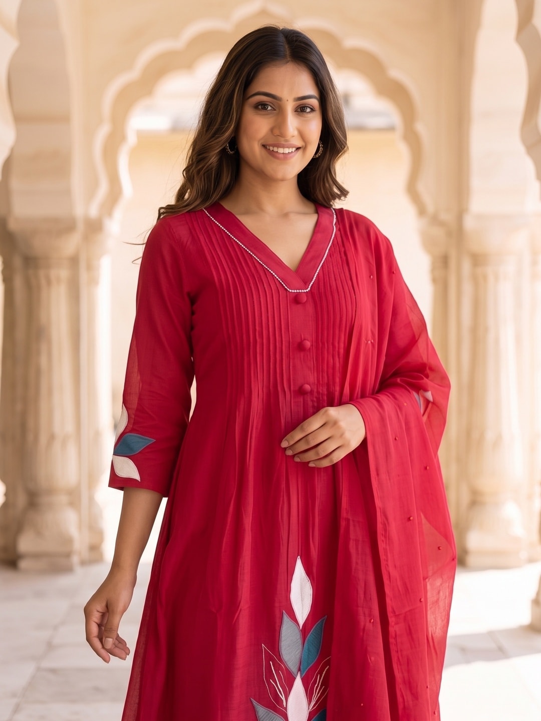 Peachmode Red Mul Chanderi Pintuck Salwar Suit with Applique Leaf Motifs - Image 5