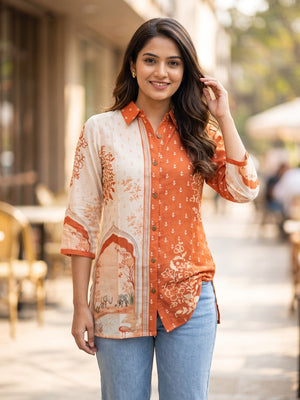 Peachmode Orange Muslin Floral Printed Shirt - Image 1