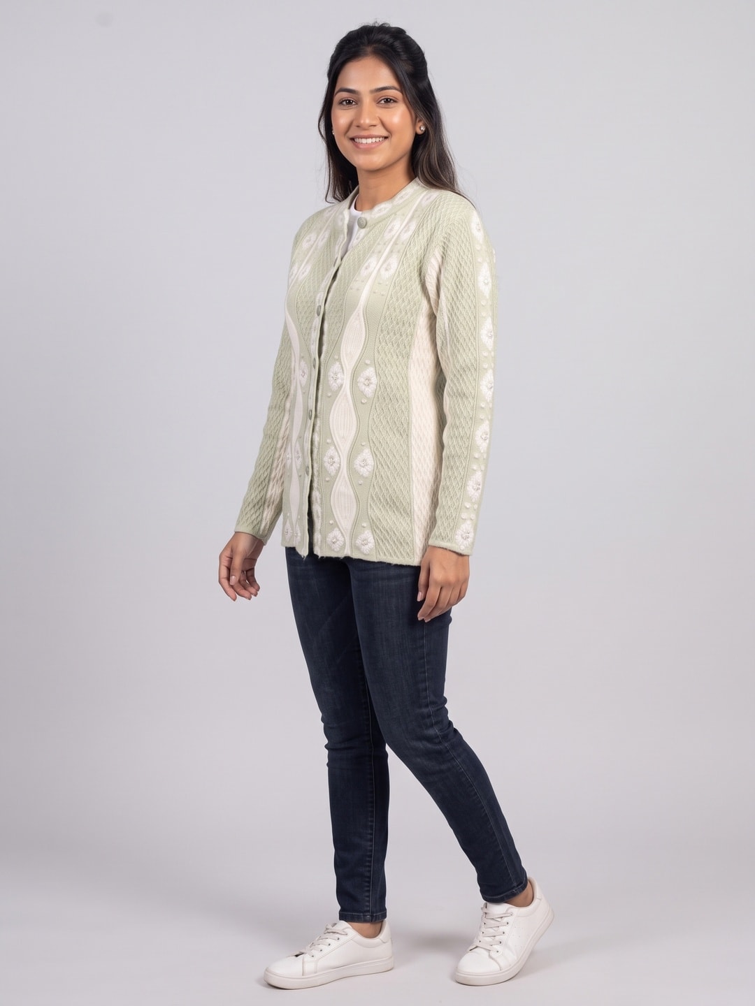 Peachmode Green Woolen Cardigan - Image 1