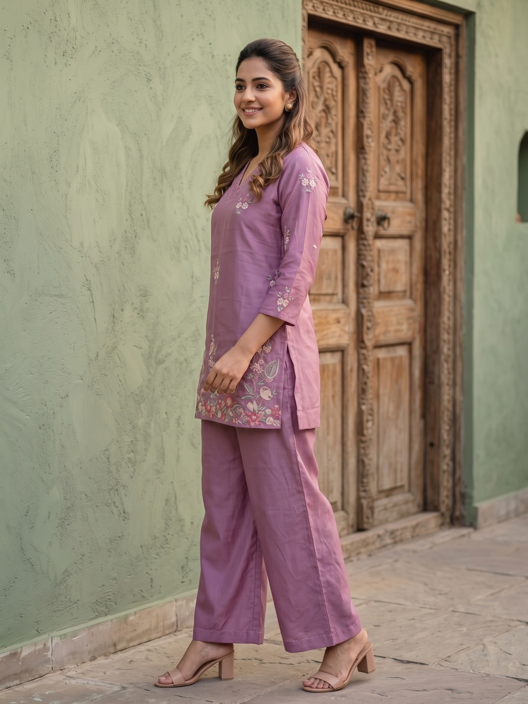 Peachmode Mauve Mul Chanderi Floral Embroidered Co-ord Set - Image 3