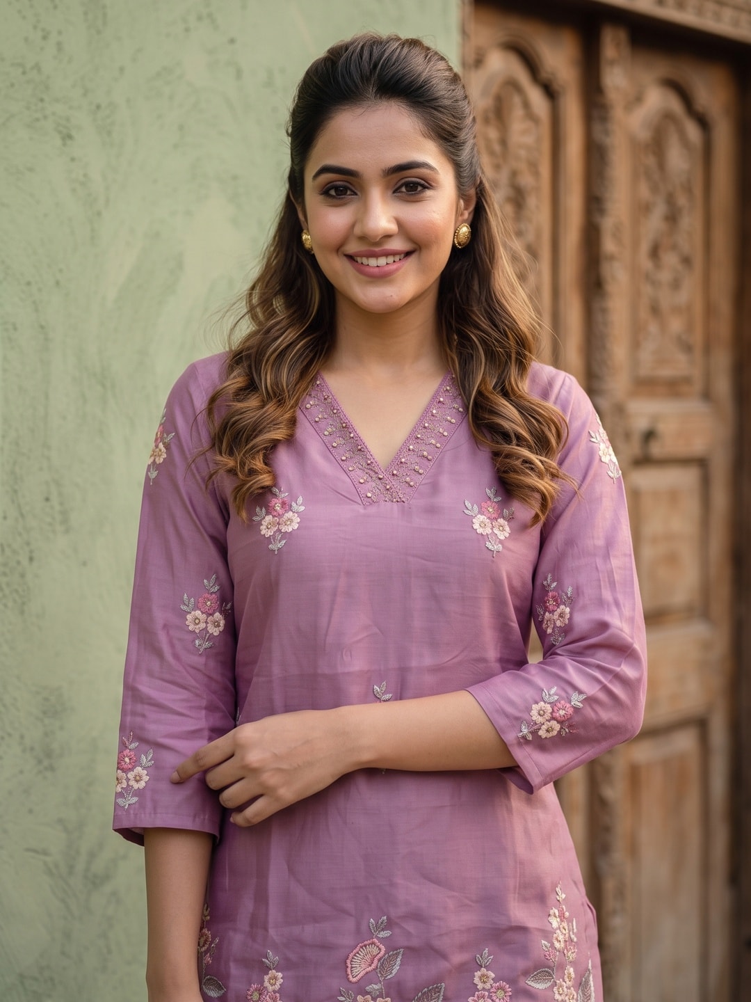 Peachmode Mauve Mul Chanderi Floral Embroidered Co-ord Set - Image 5