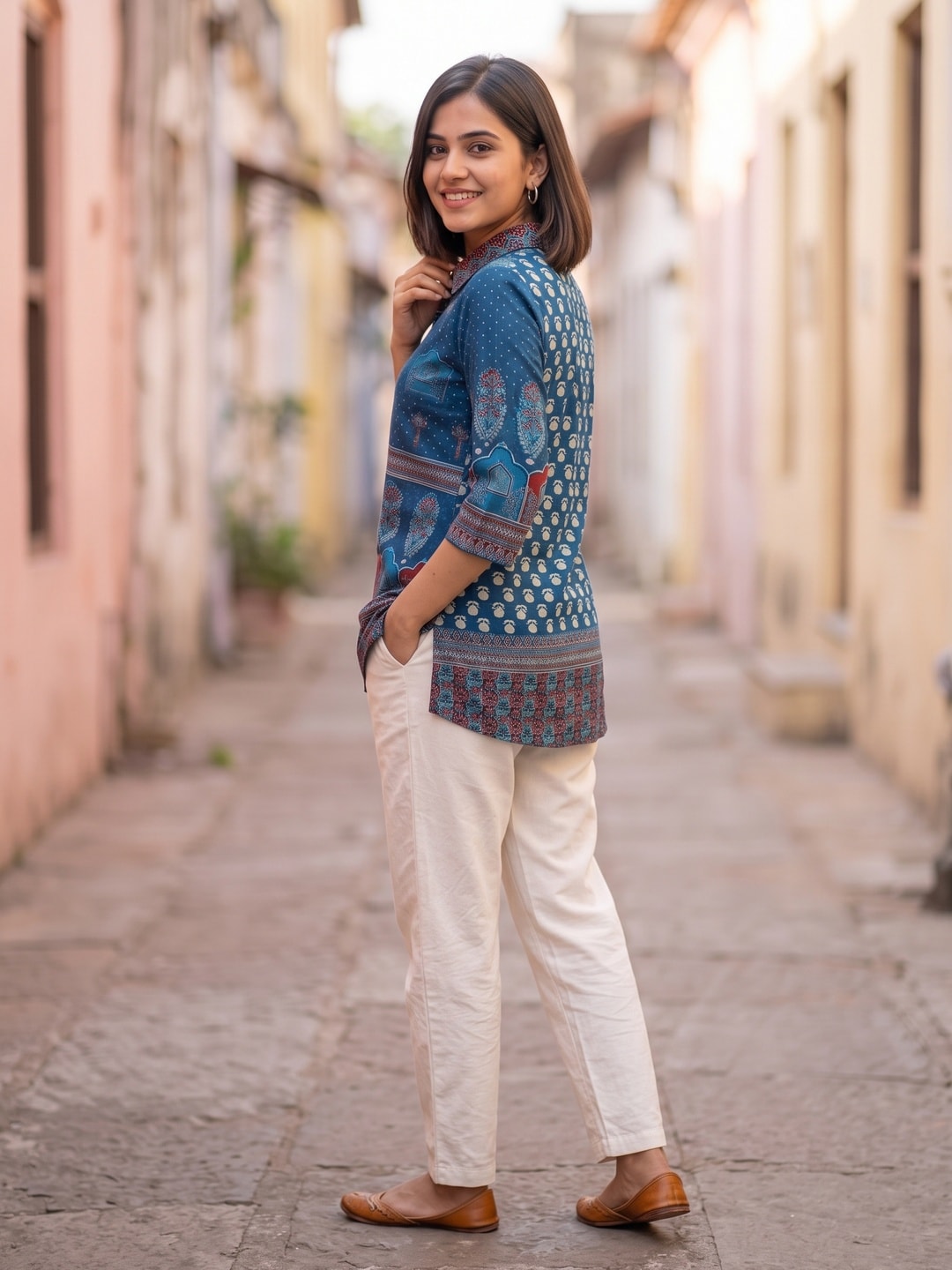 Peachmode Blue Muslin Ajrakh Printed Shirt - Image 3