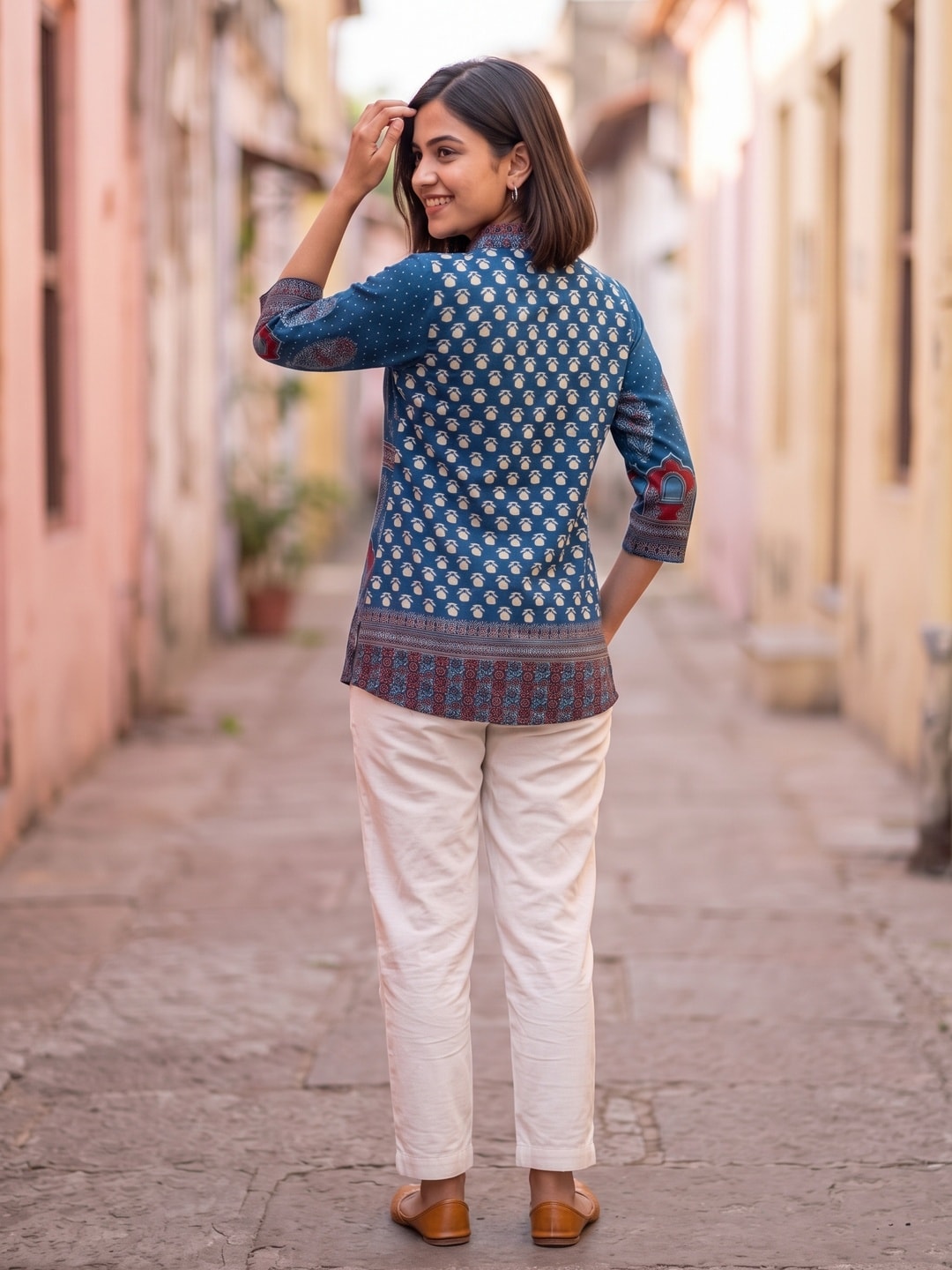 Peachmode Blue Muslin Ajrakh Printed Shirt - Image 4
