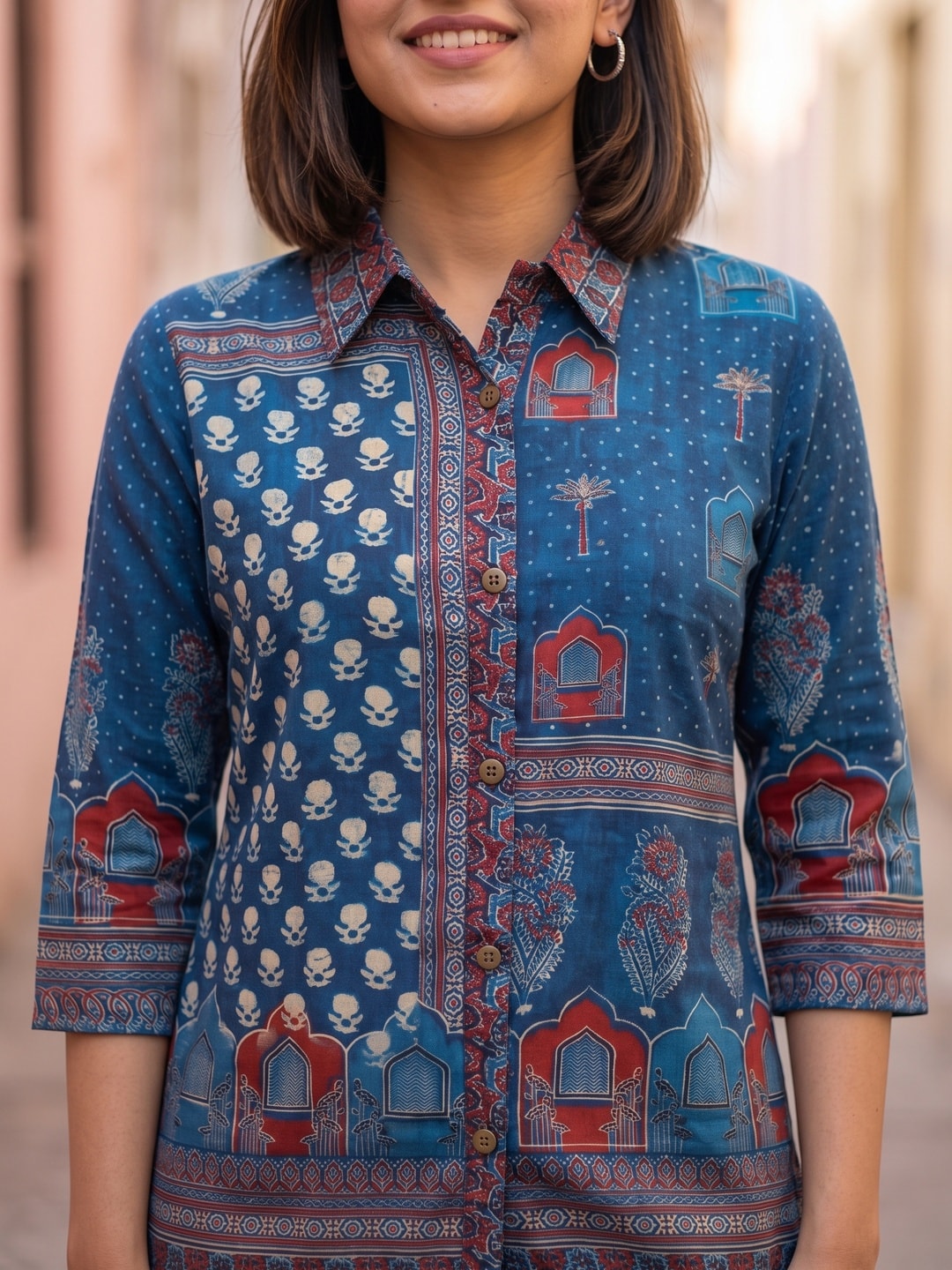 Peachmode Blue Muslin Ajrakh Printed Shirt - Image 5