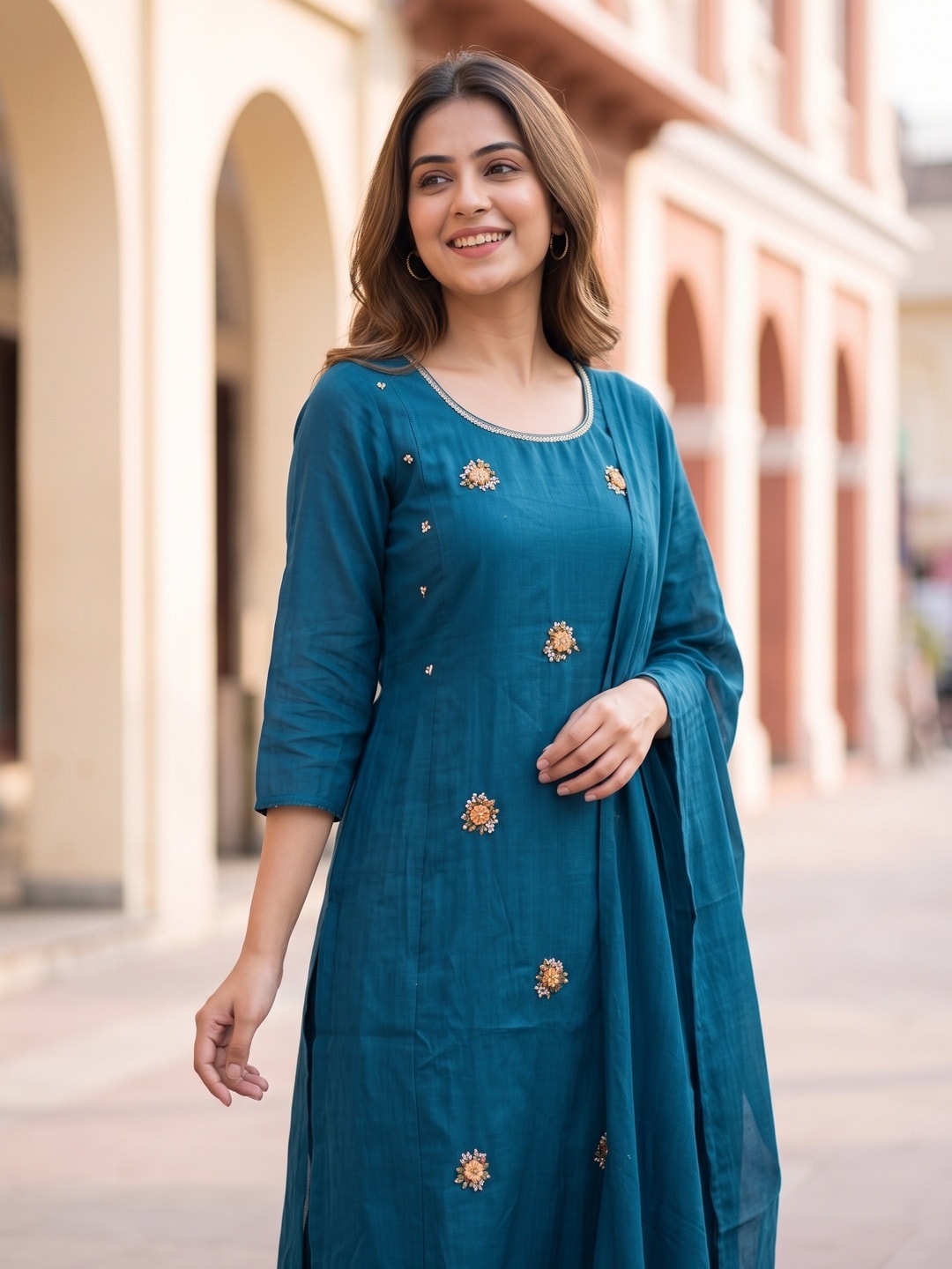 Peachmode Blue Mul Chanderi Embroidered Salwar Suit - Image 5