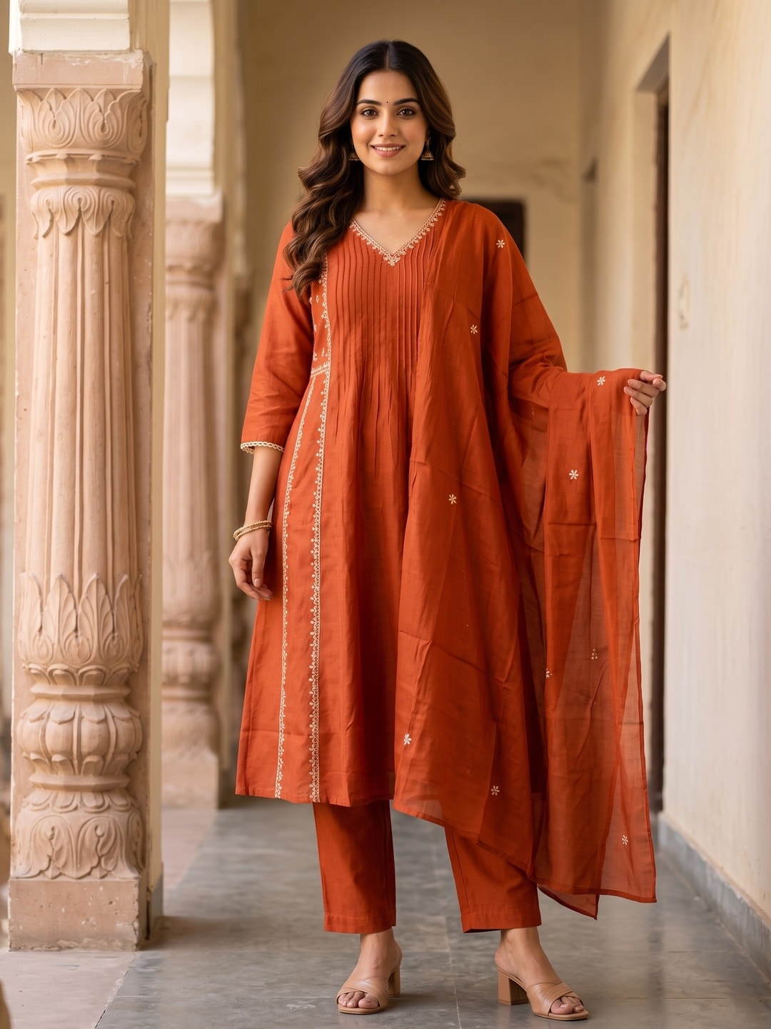 Peachmode Rust Mul Chanderi Pintuck Embroidered Salwar Suit - Image 1