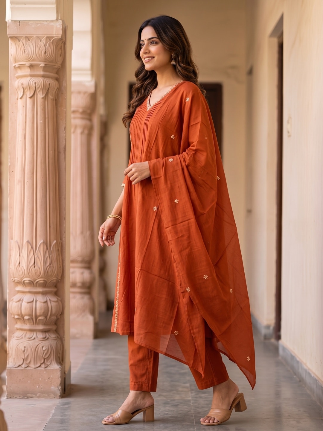 Peachmode Rust Mul Chanderi Pintuck Embroidered Salwar Suit - Image 3