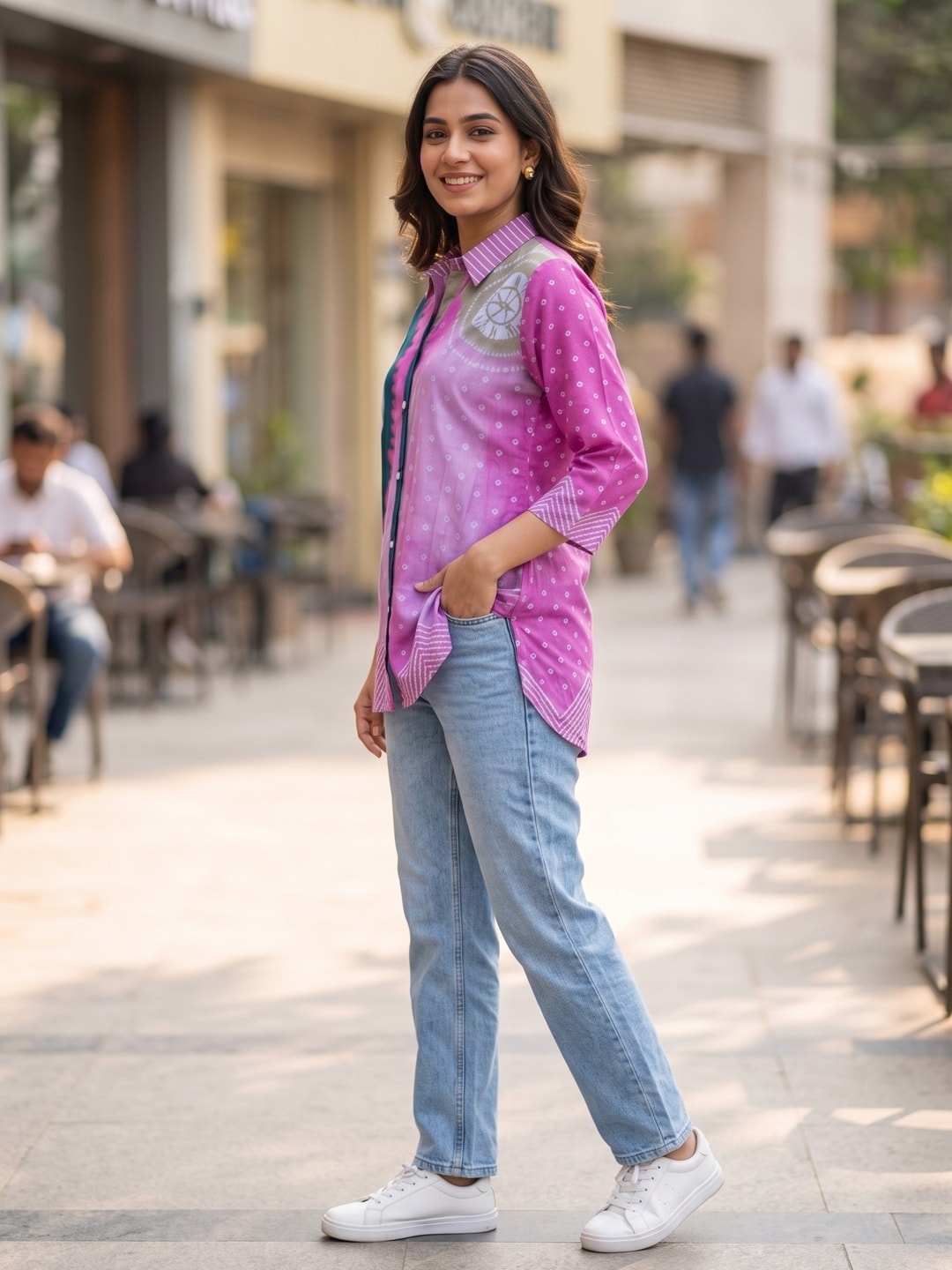 Peachmode Pink Muslin Bandhani Tie-Dye Printed Shirt Style Top - Image 3