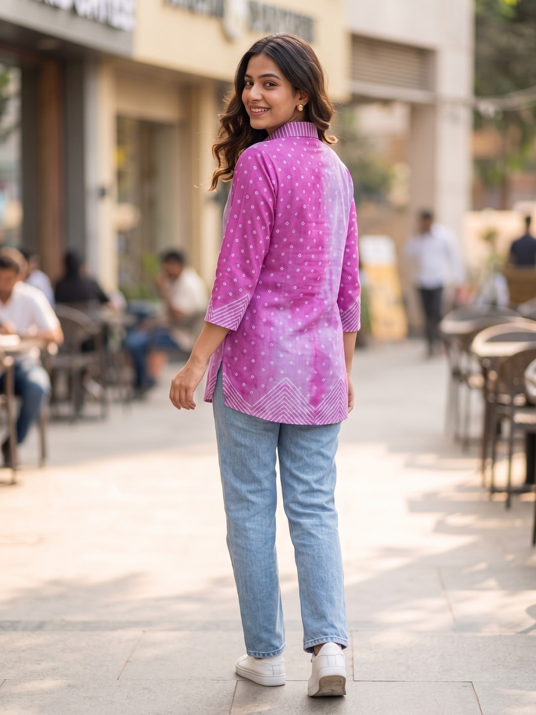 Peachmode Pink Muslin Bandhani Tie-Dye Printed Shirt Style Top - Image 4
