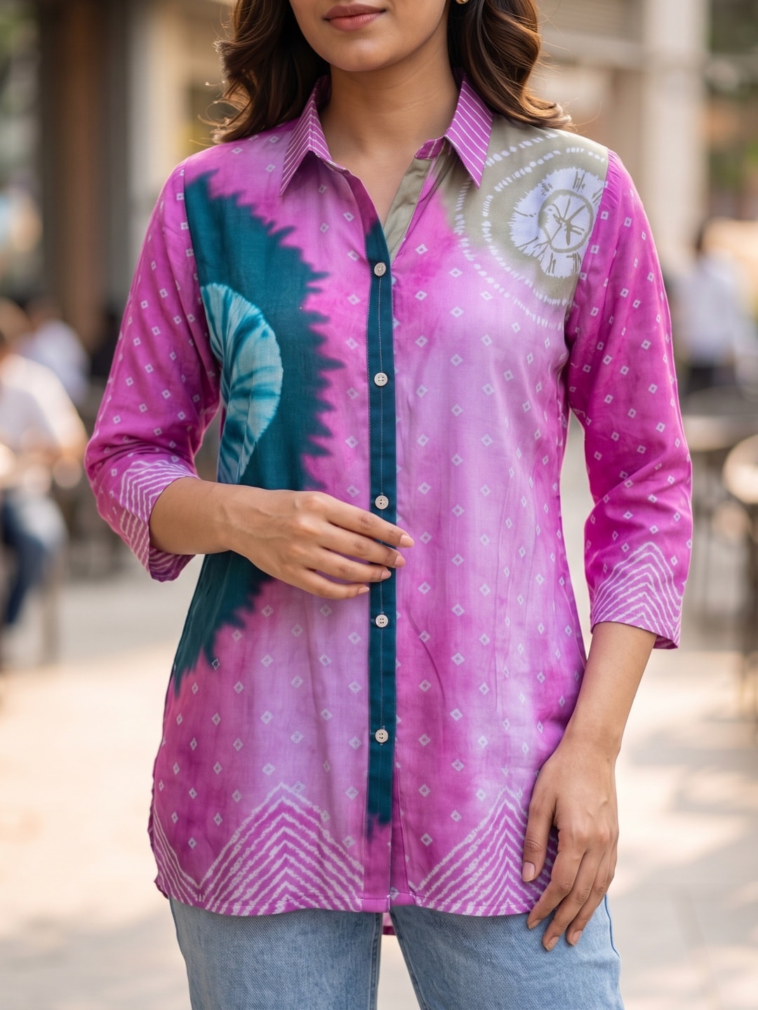 Peachmode Pink Muslin Bandhani Tie-Dye Printed Shirt Style Top - Image 5