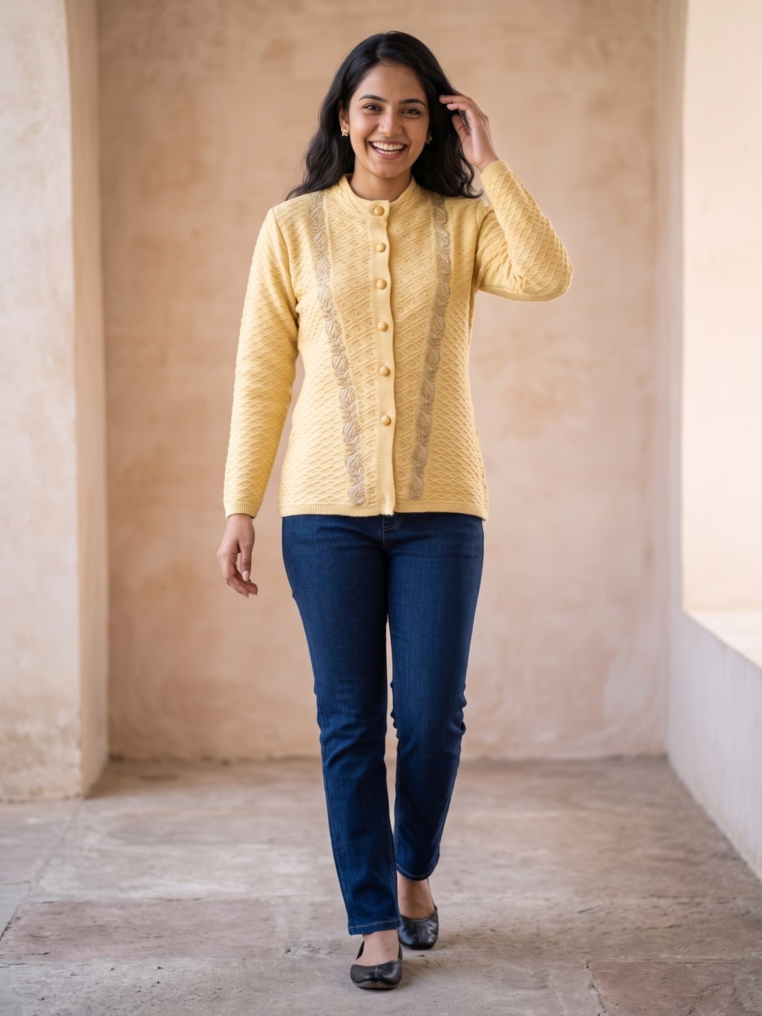 Peachmode Yellow Gold Floral Embroidered Pearl Woolen Cardigan - Image 2