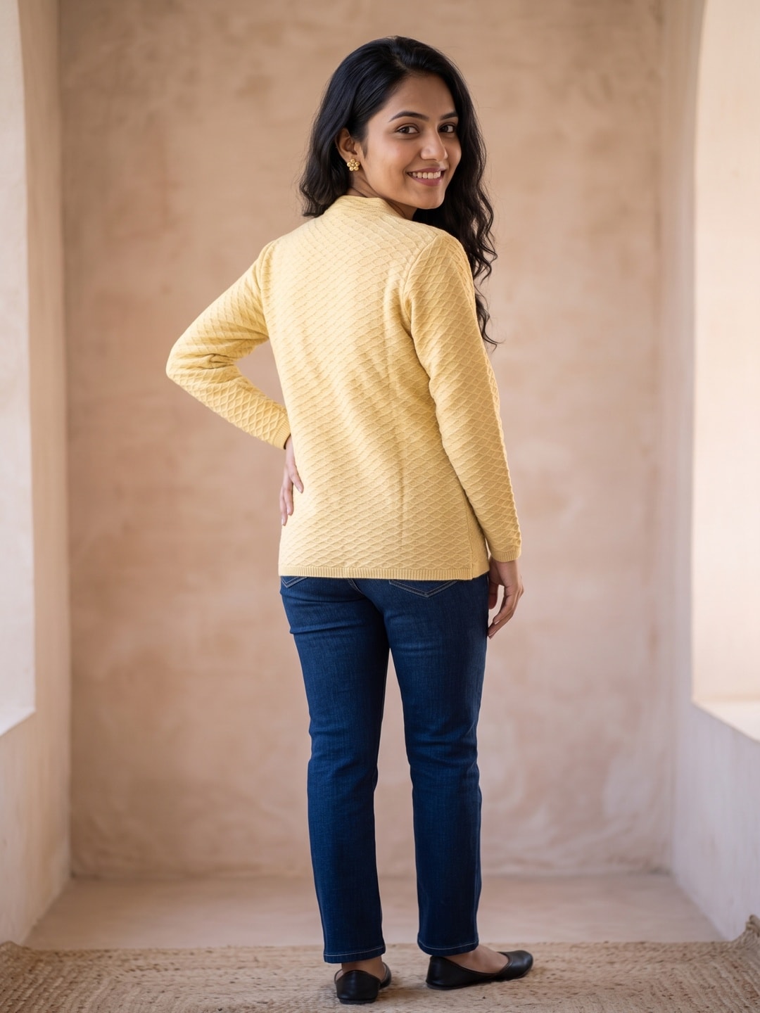 Peachmode Yellow Gold Floral Embroidered Pearl Woolen Cardigan - Image 4