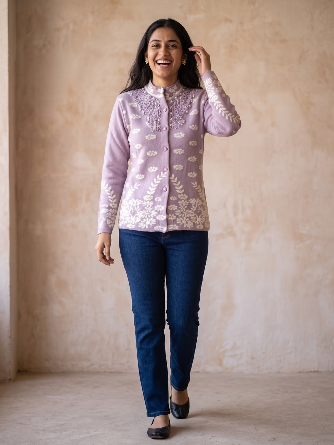 Peachmode Purple Floral Jacquard Beaded Yoke Woolen Cardigan - Image 2