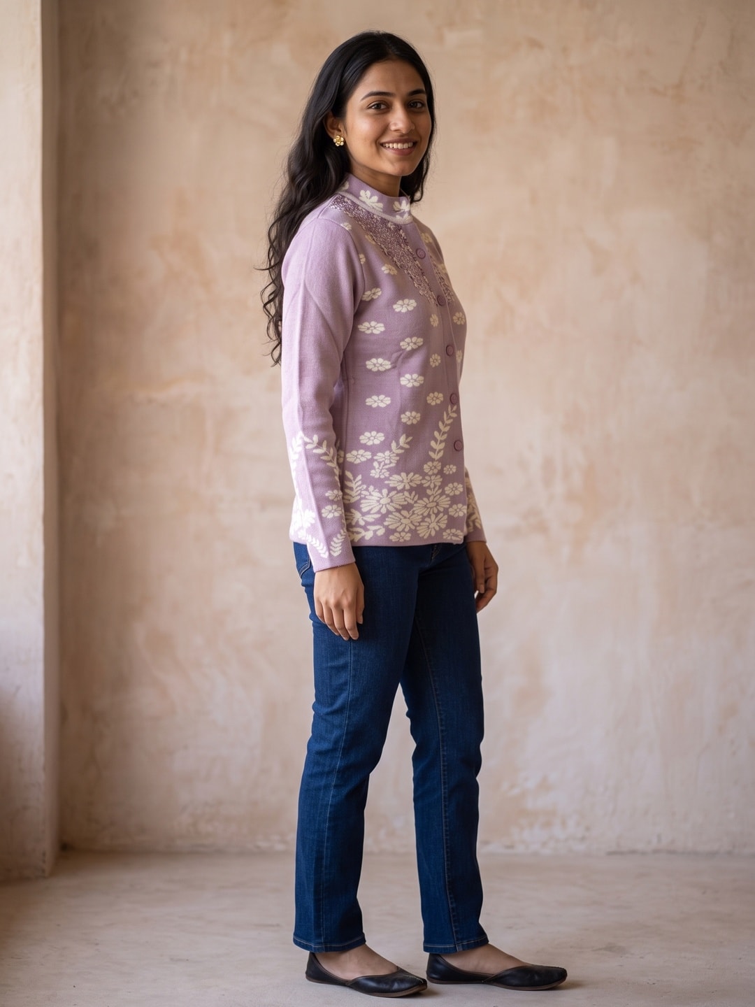 Peachmode Purple Floral Jacquard Beaded Yoke Woolen Cardigan - Image 3