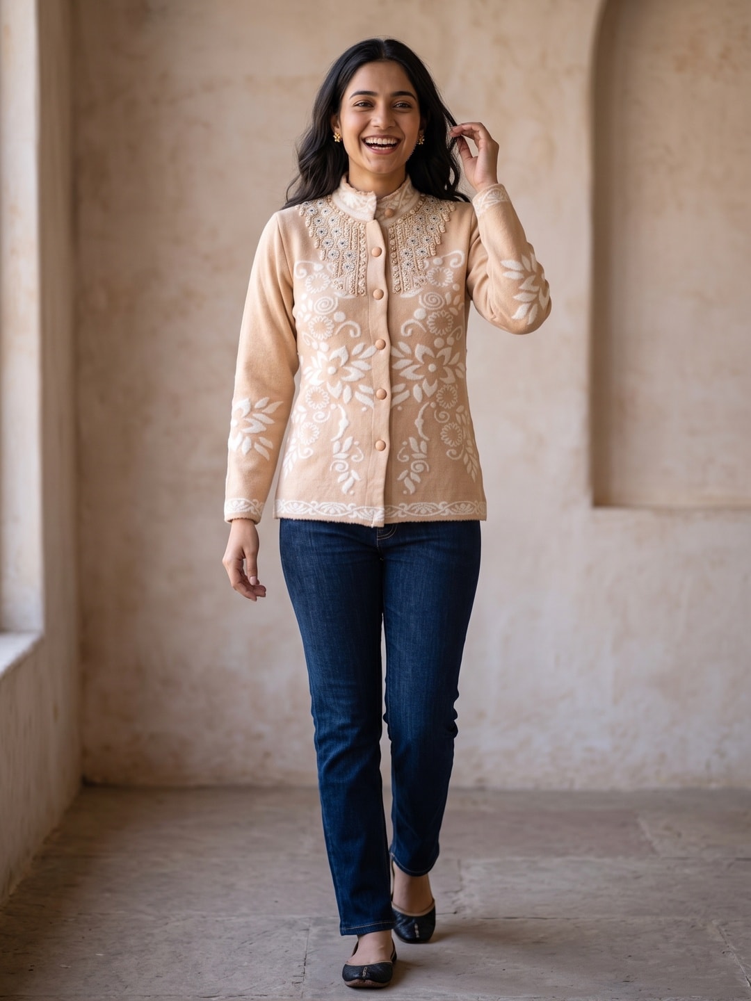 Peachmode Peach Floral Jacquard Beaded Yoke Woolen Cardigan - Image 2