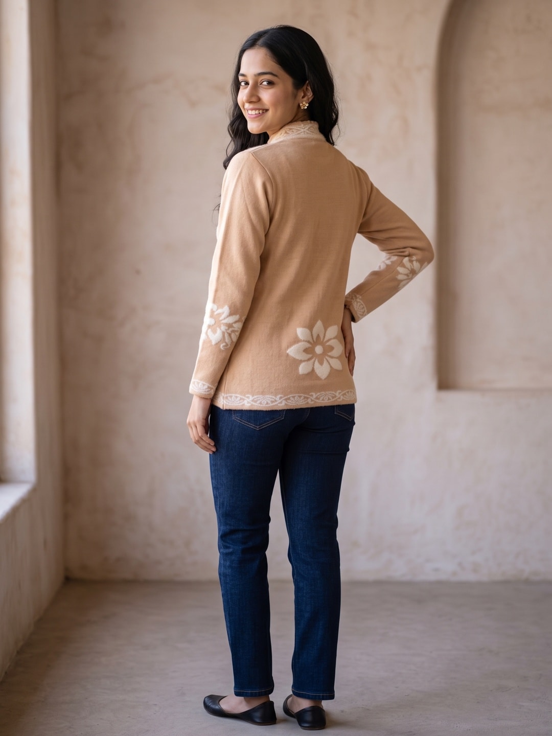 Peachmode Peach Floral Jacquard Beaded Yoke Woolen Cardigan - Image 4