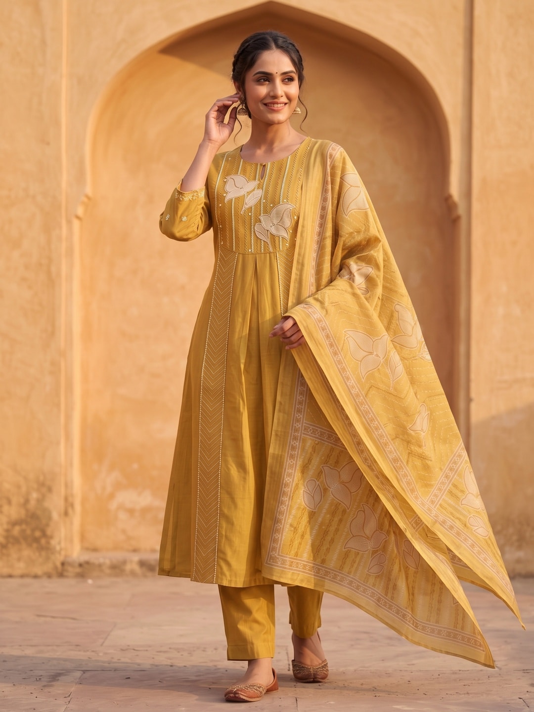 Peachmode Mustard Mul Chanderi Floral Embroidered Salwar Suit - Image 2