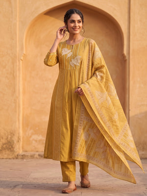 Peachmode Mustard Mul Chanderi Floral Embroidered Salwar Suit - Image 2