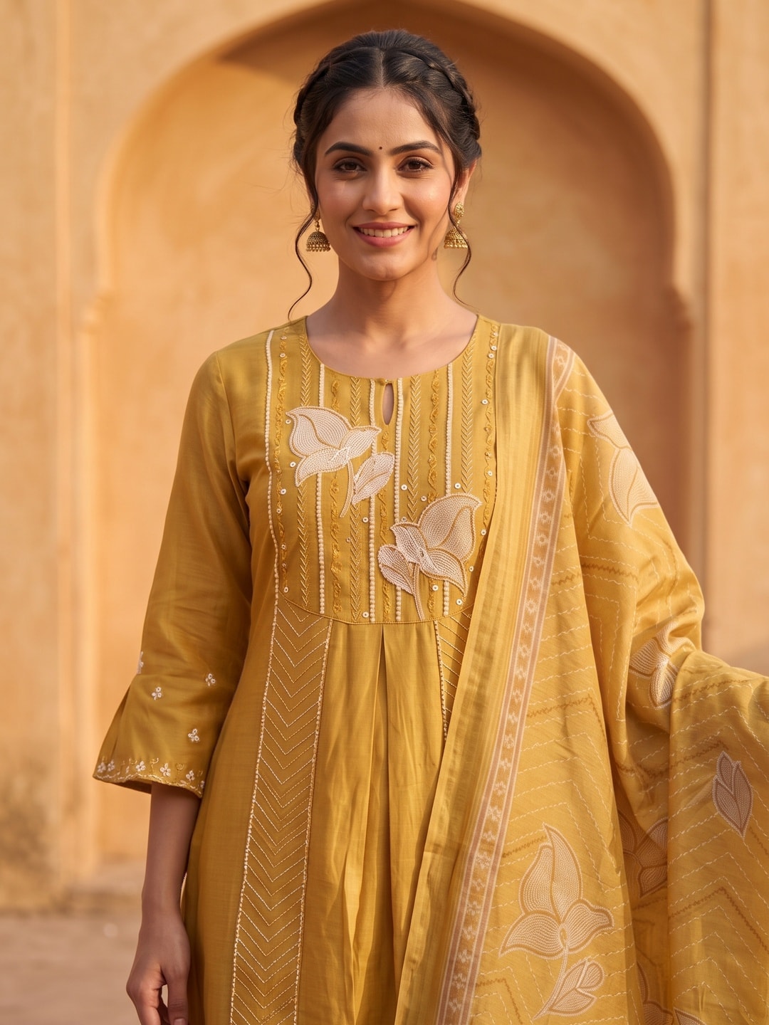 Peachmode Mustard Mul Chanderi Floral Embroidered Salwar Suit - Image 5
