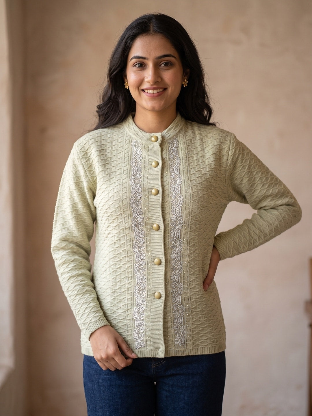 Peachmode Green Silver Paisley Embroidered Woolen Cardigan - Image 1