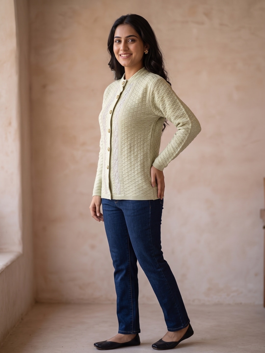 Peachmode Green Silver Paisley Embroidered Woolen Cardigan - Image 3