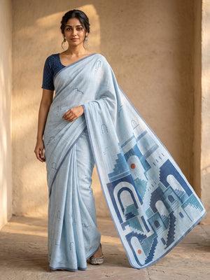 Peachmode Sky Blue Courtyard Printed Linen Saree - Image 1