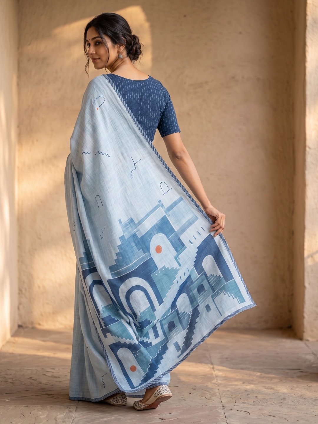 Peachmode Sky Blue Courtyard Printed Linen Saree - Image 3