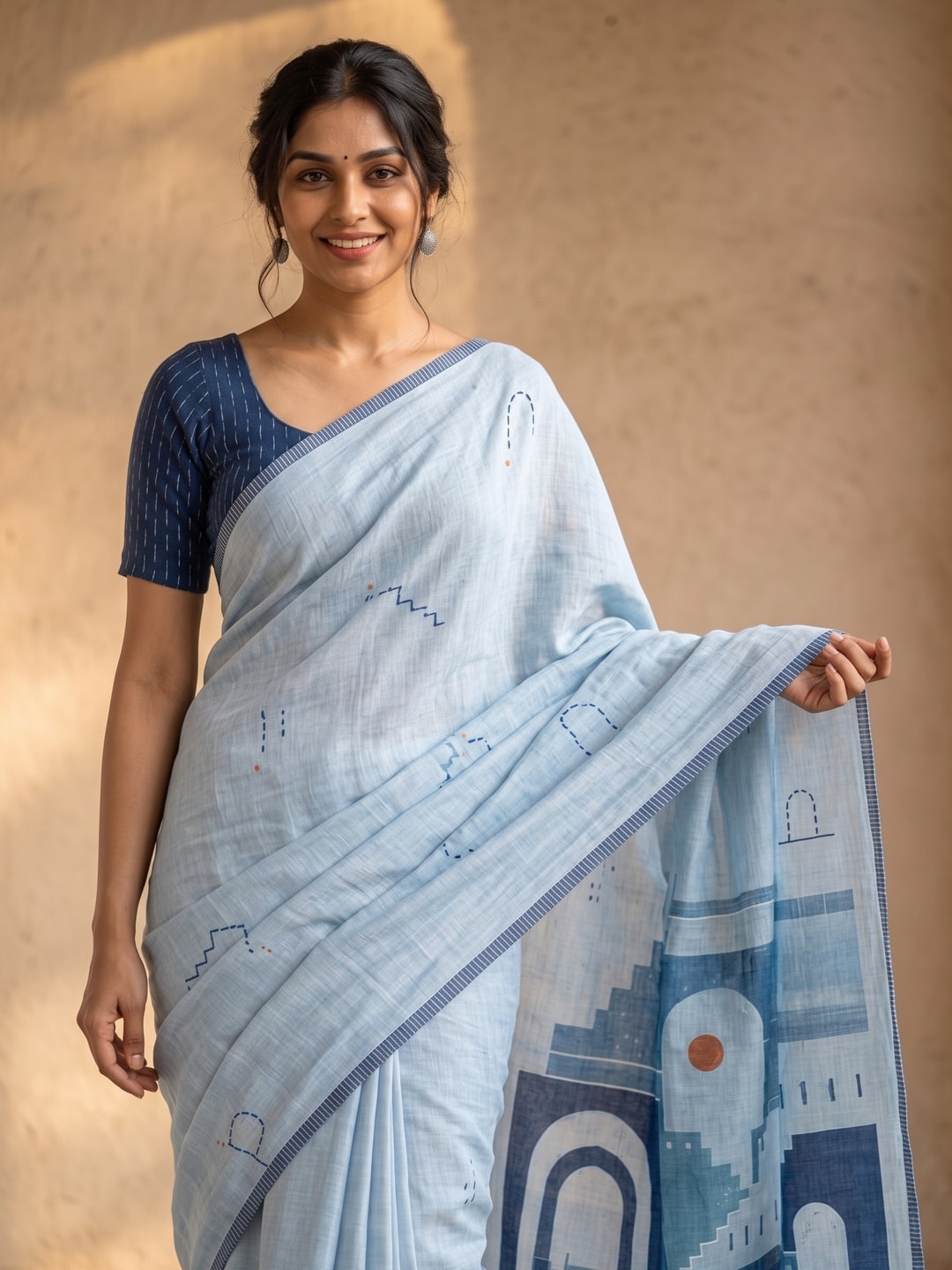 Peachmode Sky Blue Courtyard Printed Linen Saree - Image 5