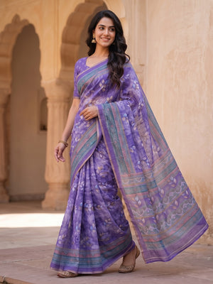 Peachmode Purple Digital Printed Linen Saree - Image 2