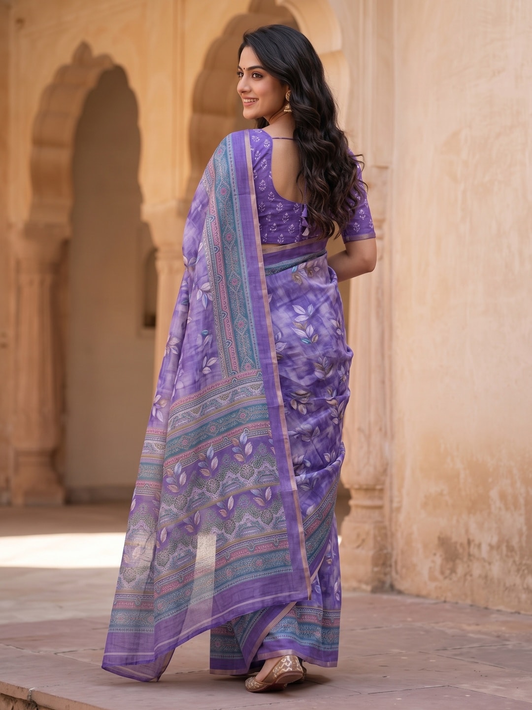 Peachmode Purple Digital Printed Linen Saree - Image 3