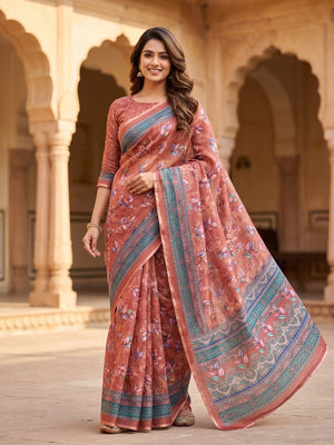 Peachmode Rust Digital Printed Linen Saree - Image 1