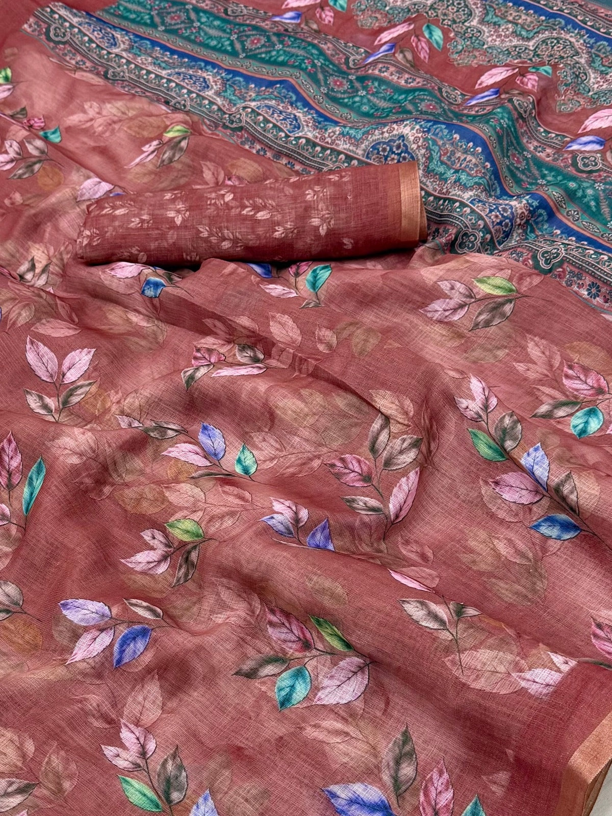 Peachmode Rust Digital Printed Linen Saree - Image 5