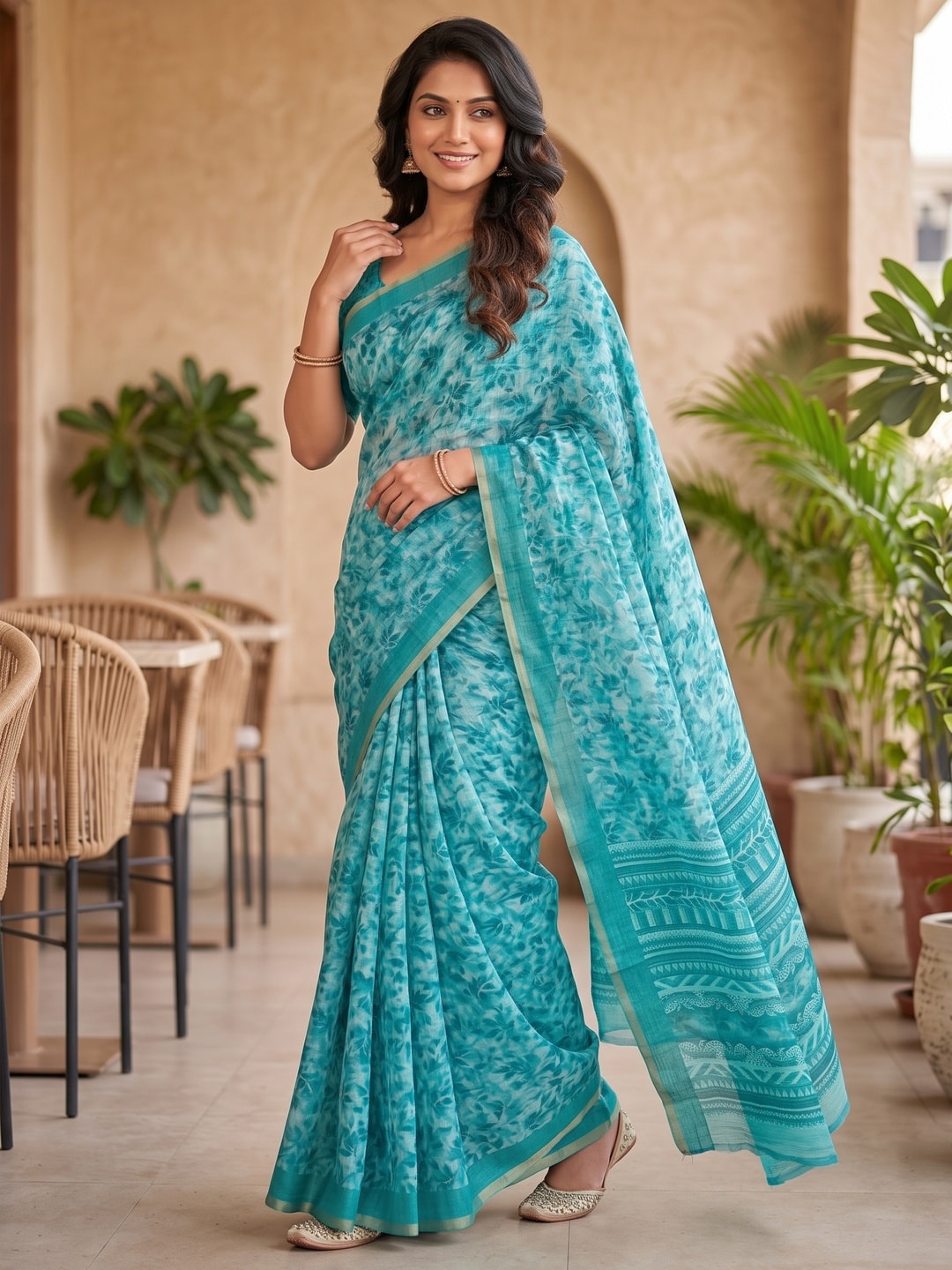 Peachmode Turquoise Digital Printed Linen Saree - Image 2