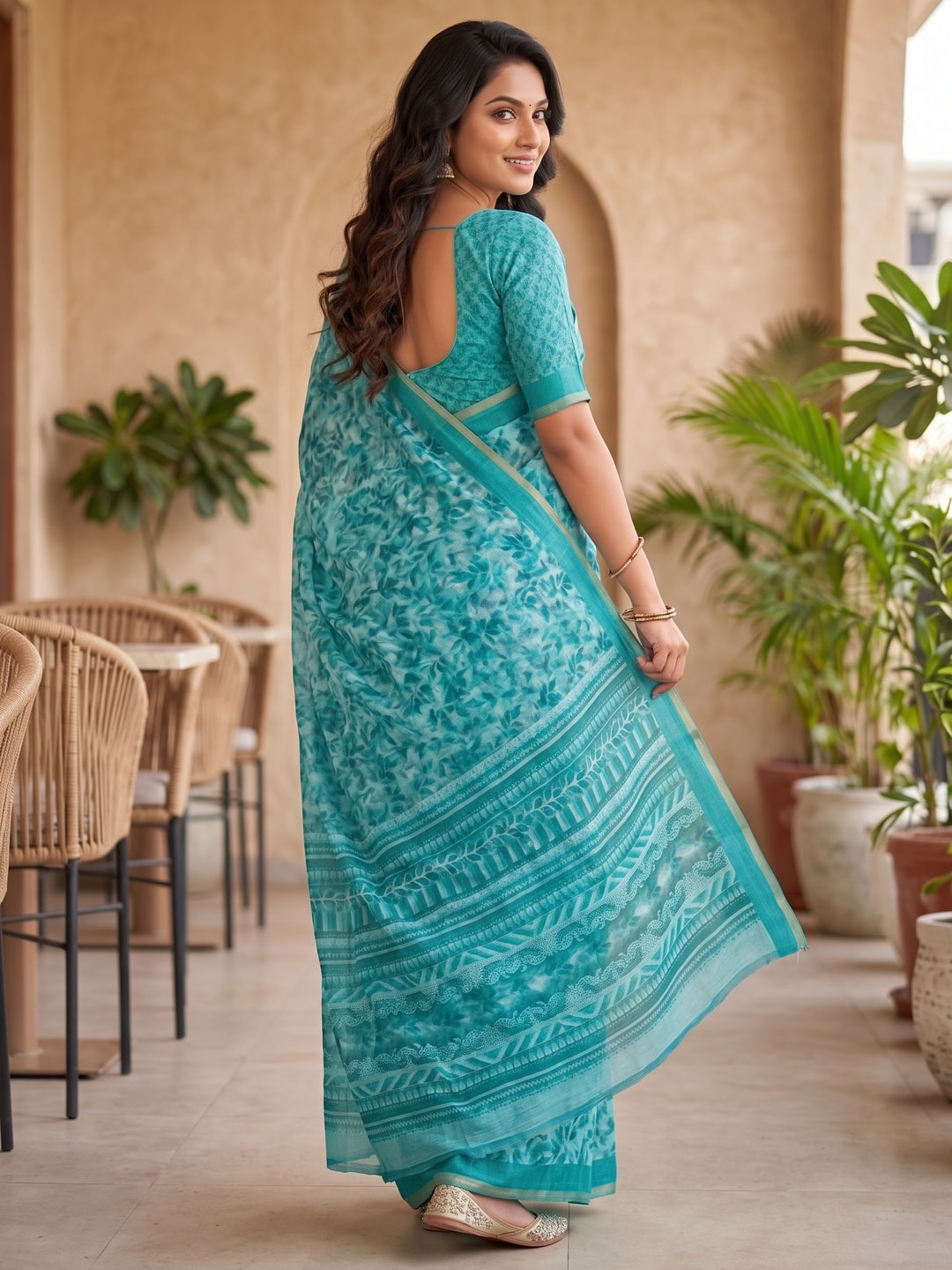 Peachmode Turquoise Digital Printed Linen Saree - Image 3