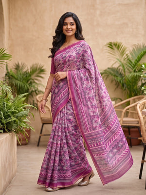 Peachmode Magenta Digital Printed Linen Saree - Image 2