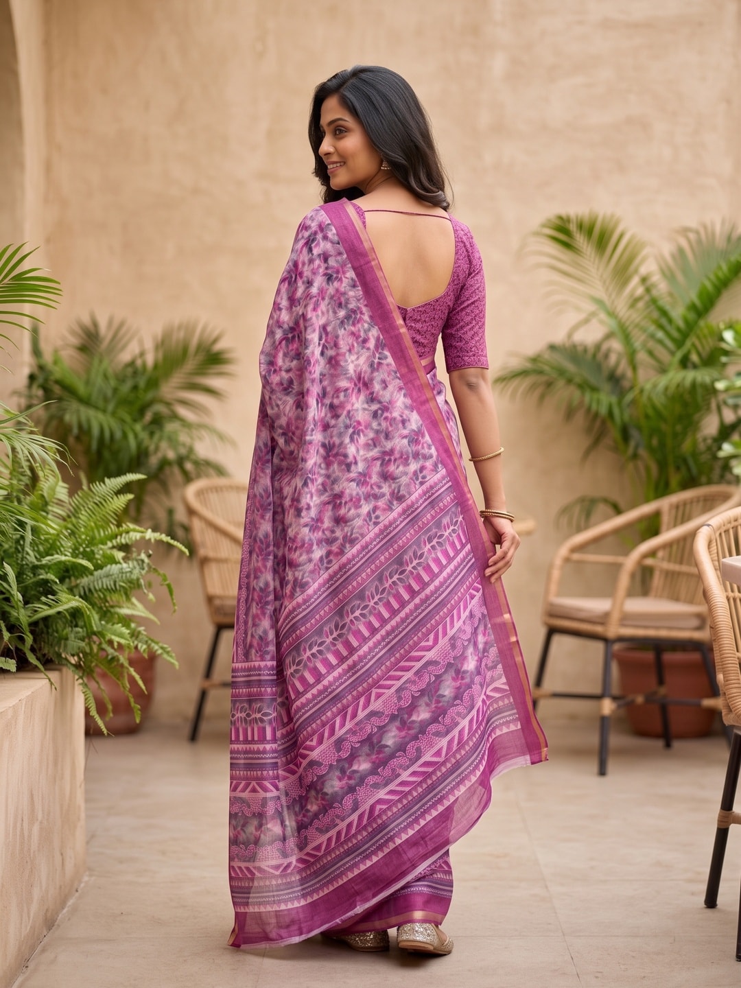 Peachmode Magenta Digital Printed Linen Saree - Image 3