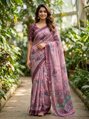 Peachmode Onion Pink Digital Printed Linen Saree - Image 1