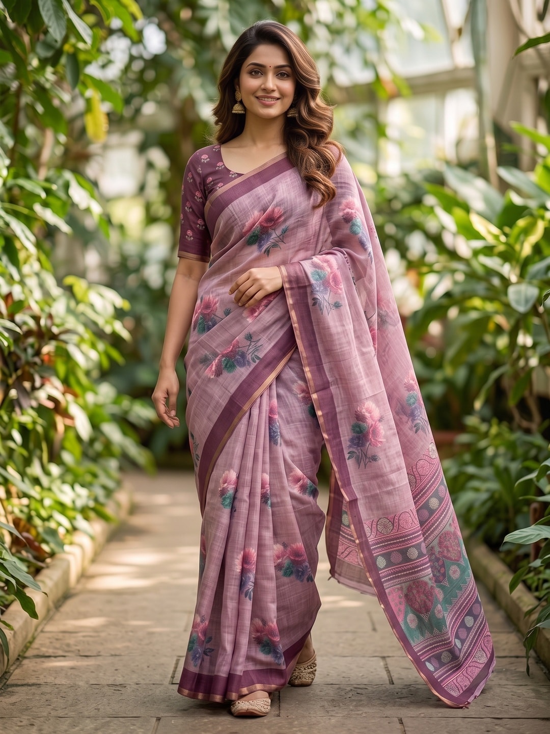 Peachmode Onion Pink Digital Printed Linen Saree - Image 2