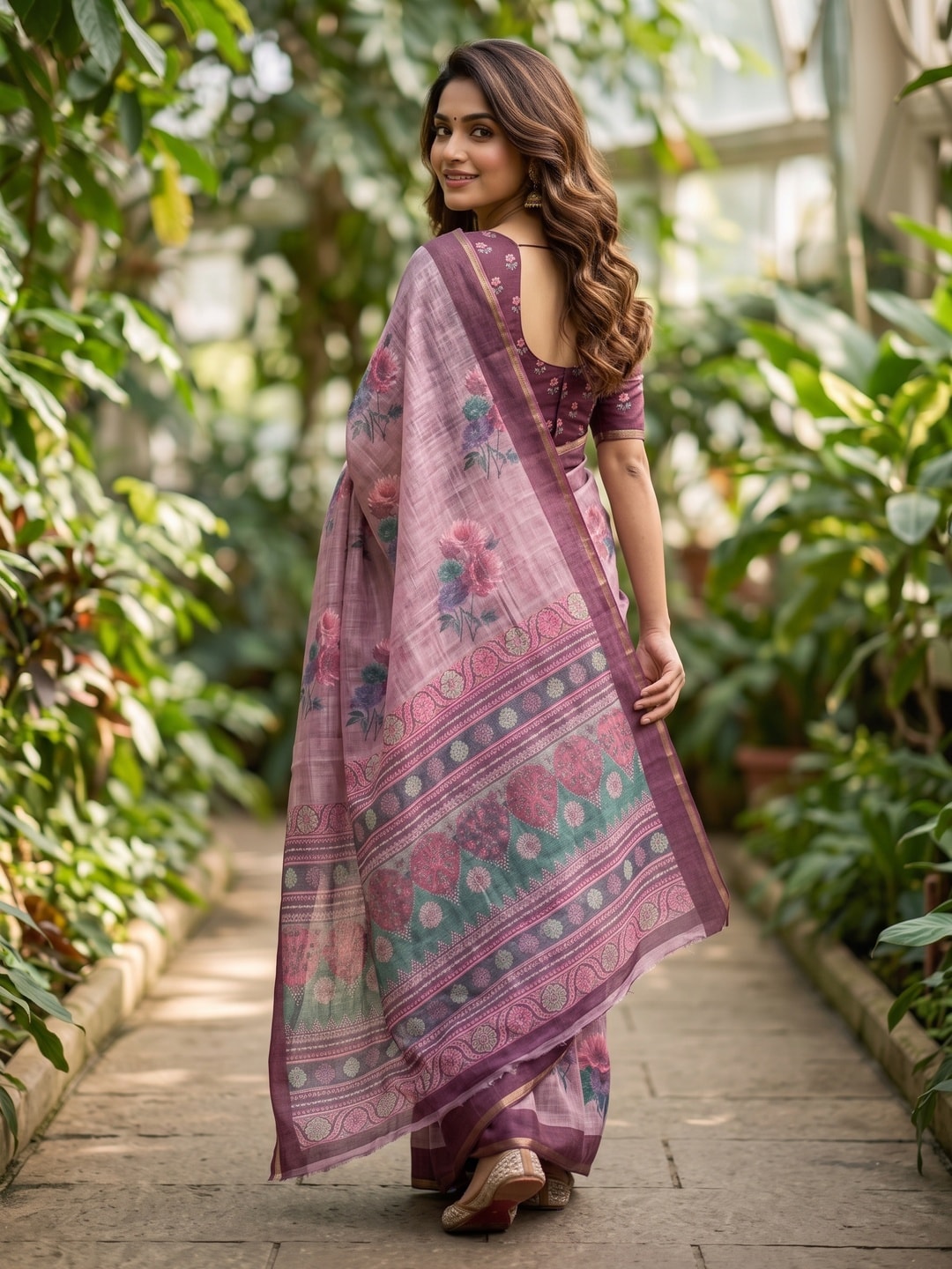 Peachmode Onion Pink Digital Printed Linen Saree - Image 3