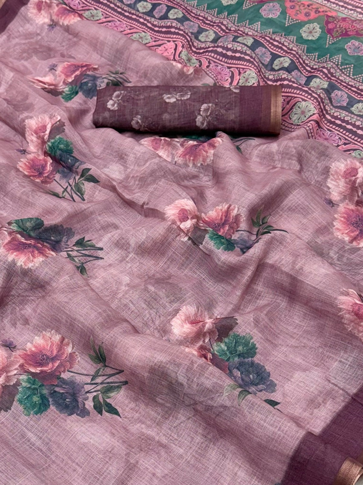 Peachmode Onion Pink Digital Printed Linen Saree - Image 5
