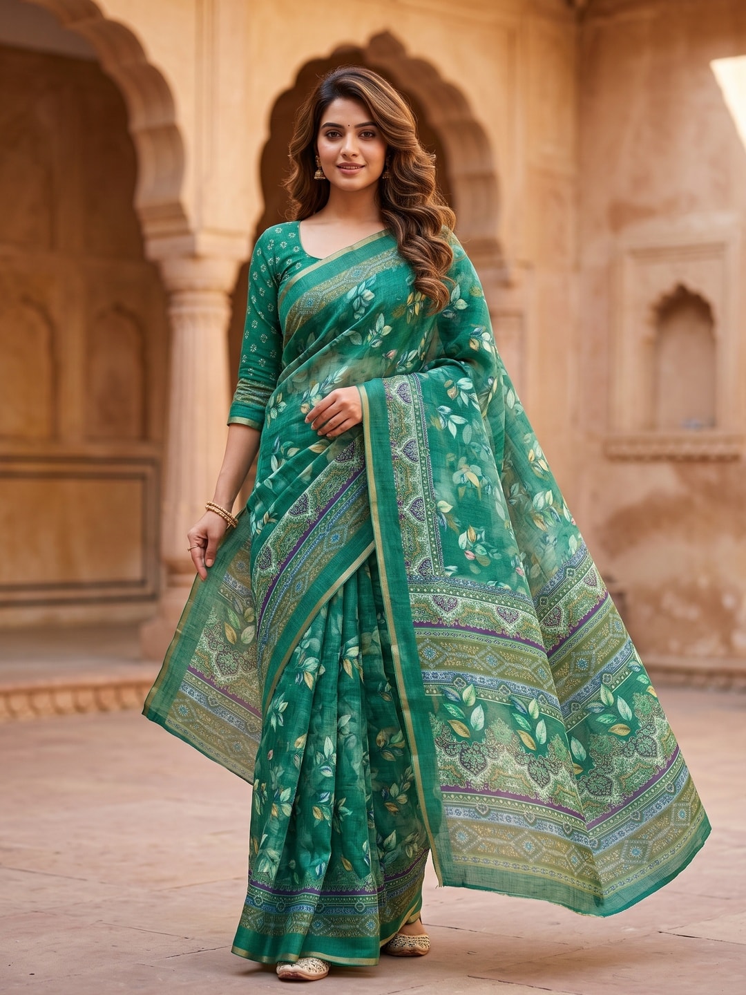 Peachmode Green Digital Printed Linen Saree - Image 1