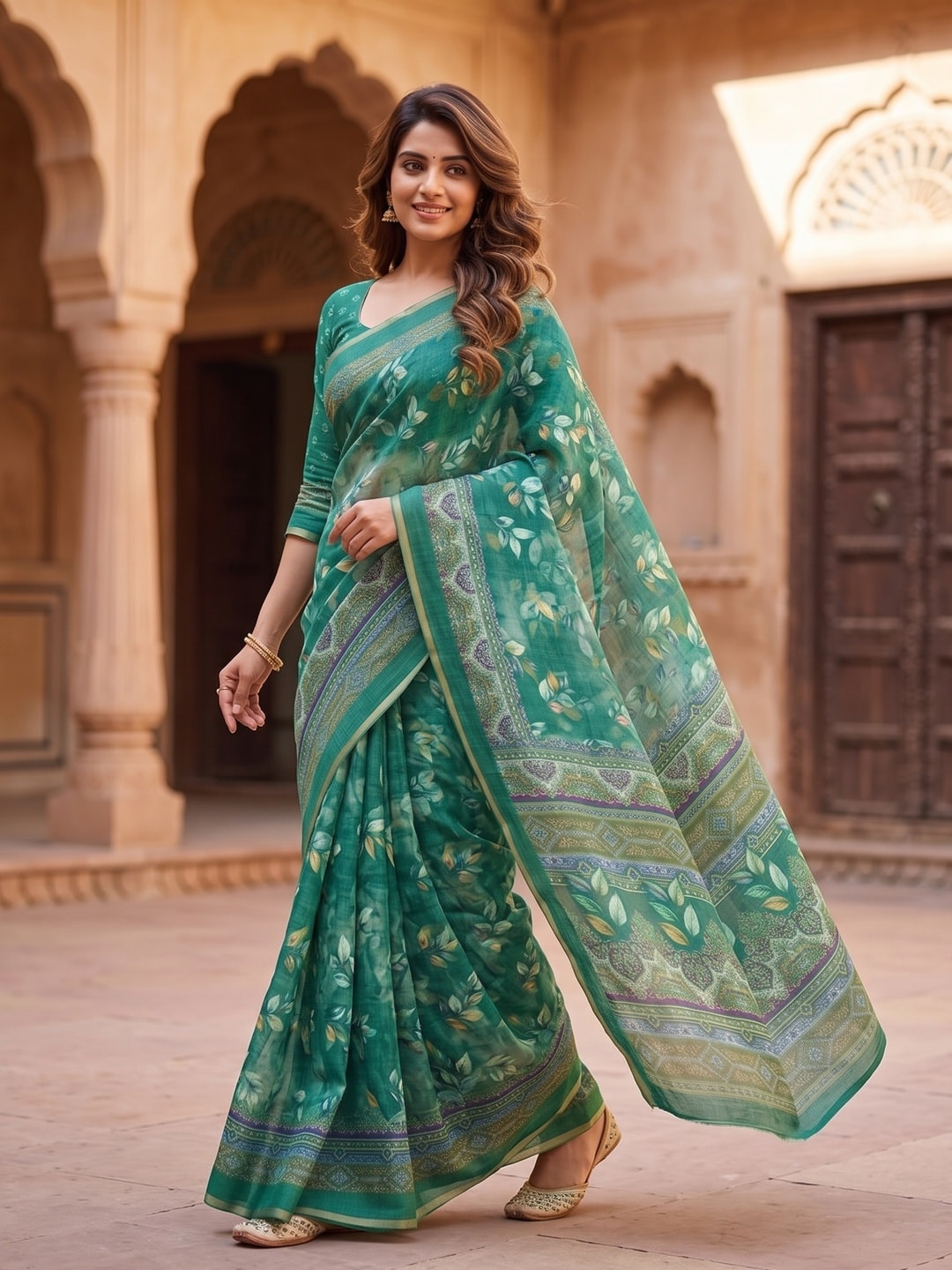 Peachmode Green Digital Printed Linen Saree - Image 2