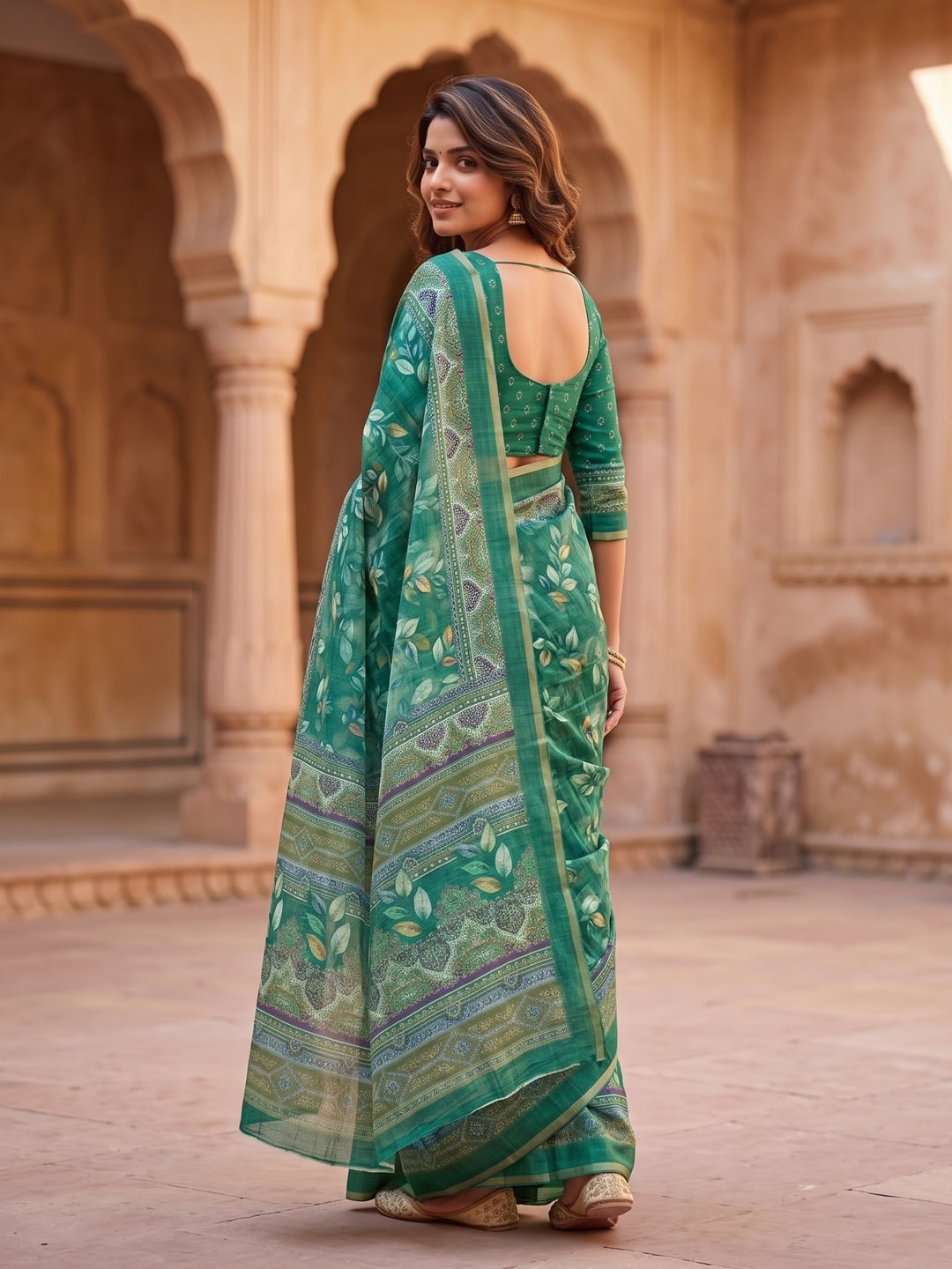 Peachmode Green Digital Printed Linen Saree - Image 3