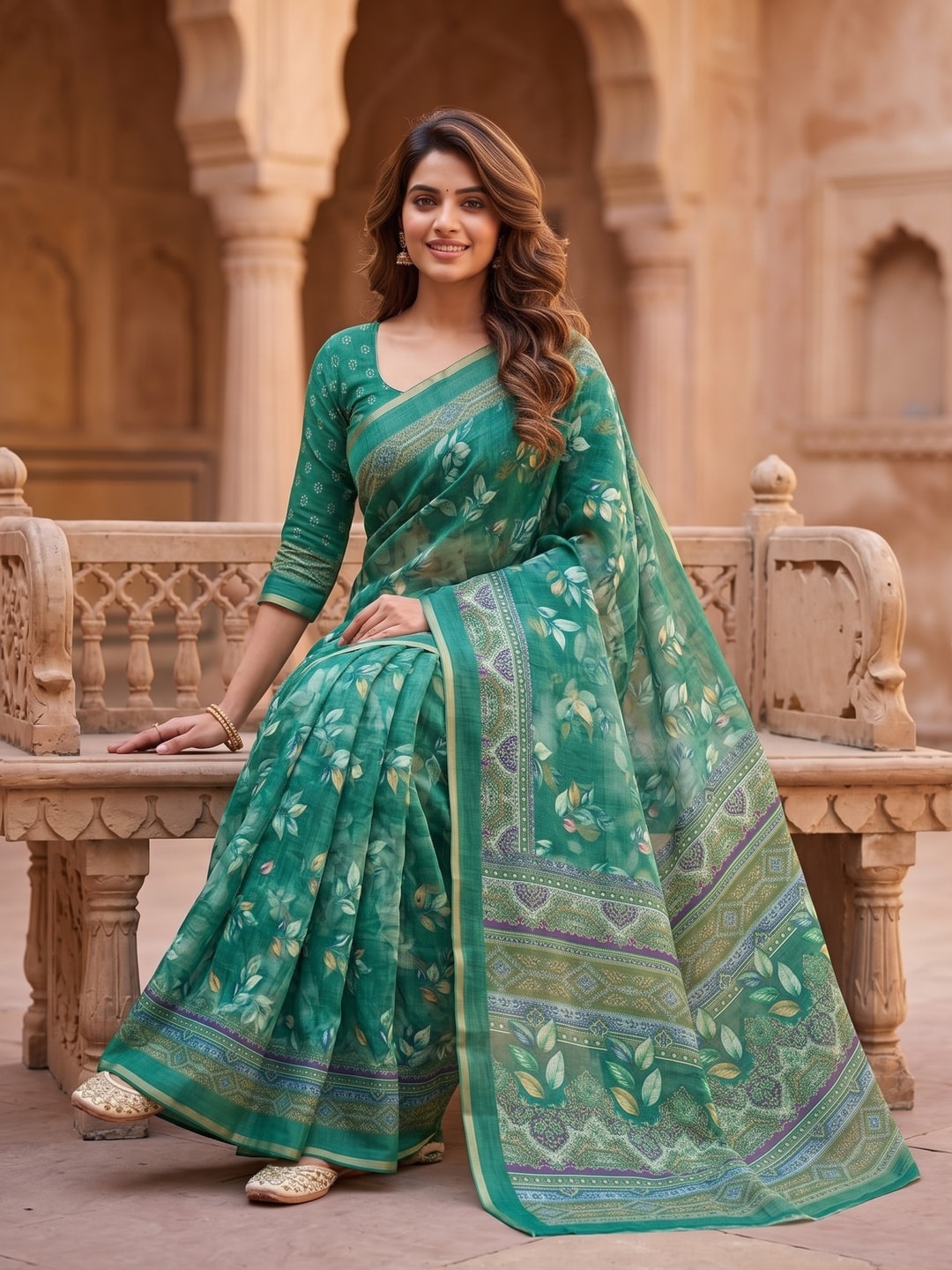 Peachmode Green Digital Printed Linen Saree - Image 4