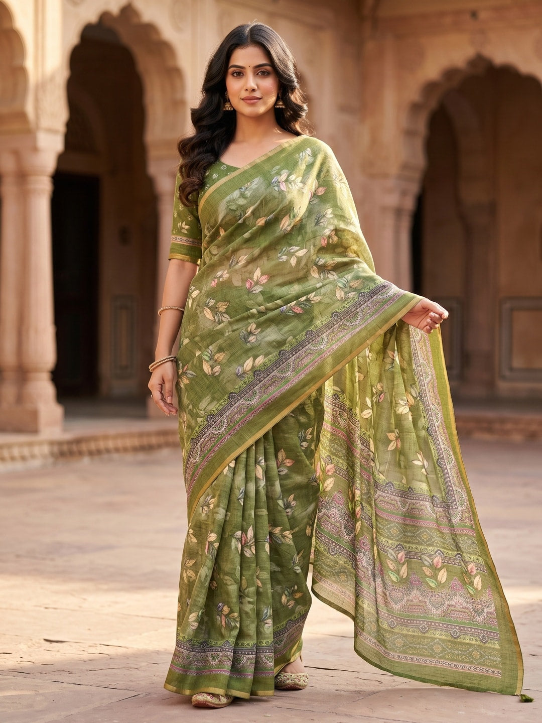 Peachmode Olive Green Digital Printed Linen Saree - Image 1
