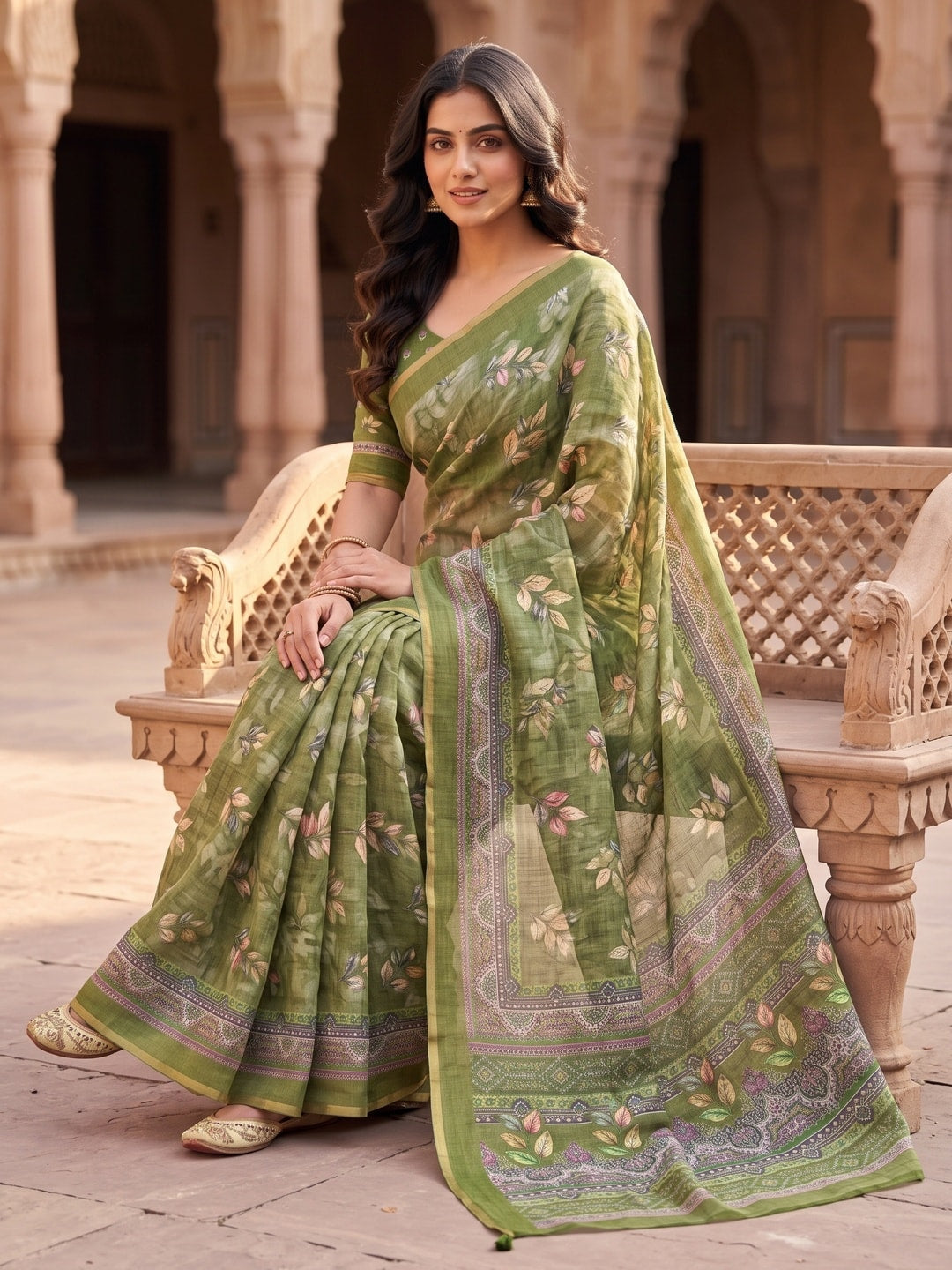 Peachmode Olive Green Digital Printed Linen Saree - Image 4
