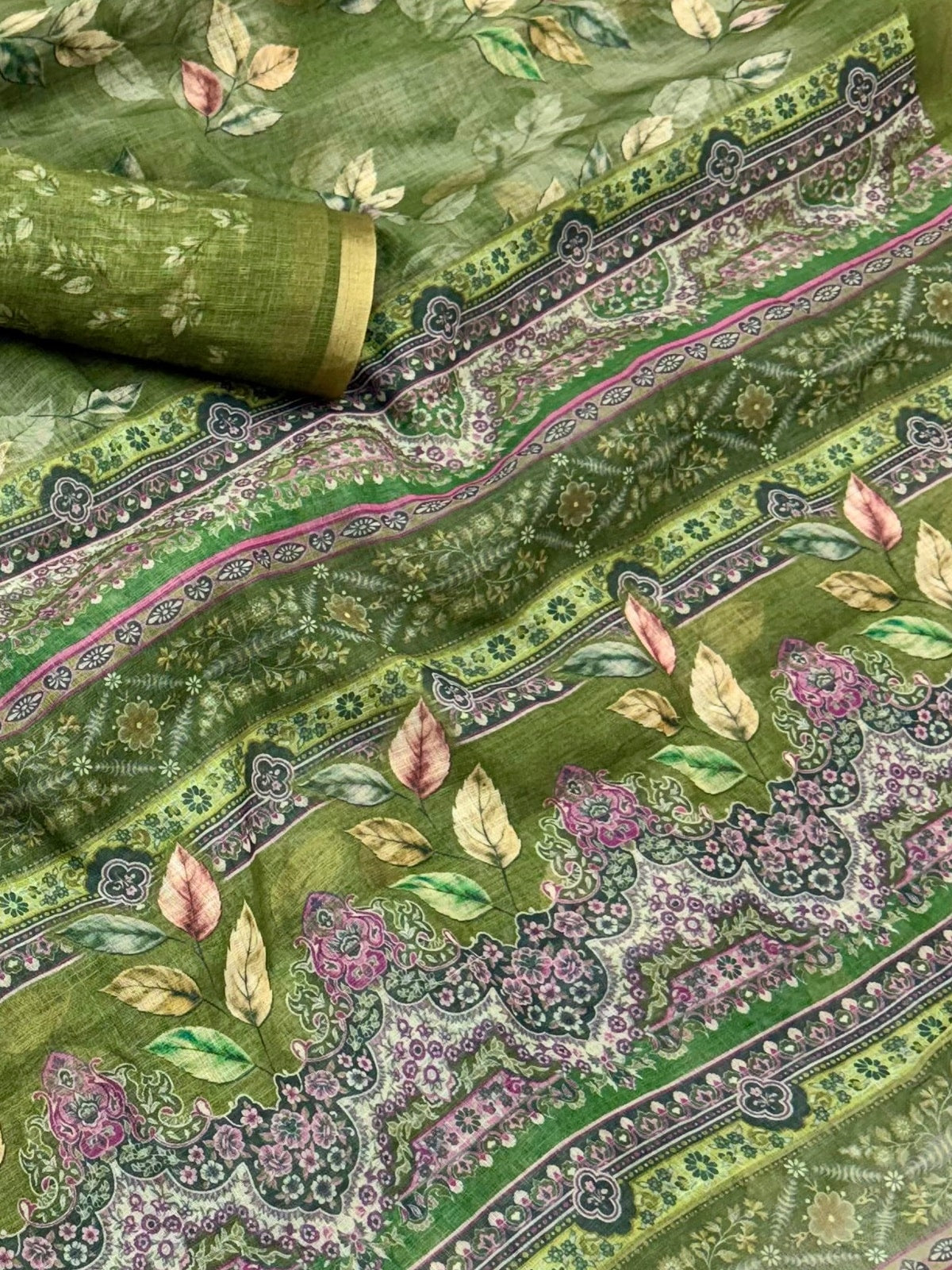 Peachmode Olive Green Digital Printed Linen Saree - Image 5