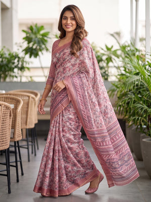 Peachmode Rose Pink Digital Printed Linen Saree - Image 2