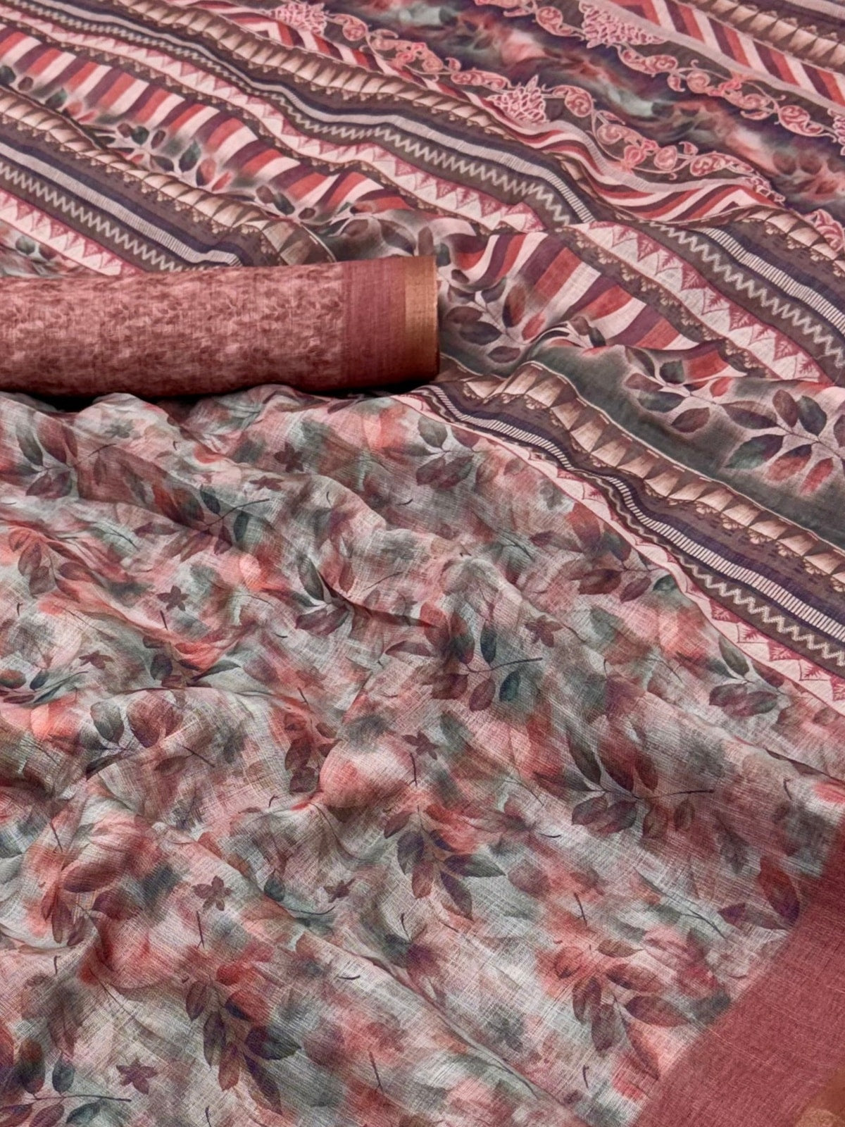 Peachmode Rose Pink Digital Printed Linen Saree - Image 5